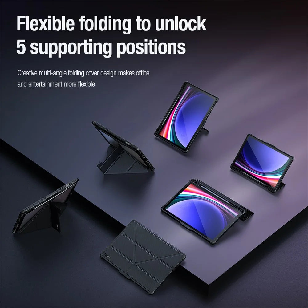 NILLKIN Bumper Leather Case Pro for Samsung Galaxy Tab S10 FE / S9 Slide Camera Lid Origami Stand Tablet Cover Auto Wake  /  Sleep - Black - 7