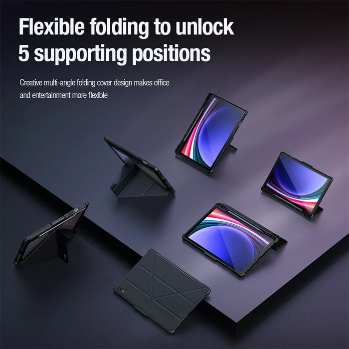 NILLKIN Bumper Leather Case Pro for Samsung Galaxy Tab S10 FE / S9 Slide Camera Lid Origami Stand Tablet Cover Auto Wake  /  Sleep - Black - 7