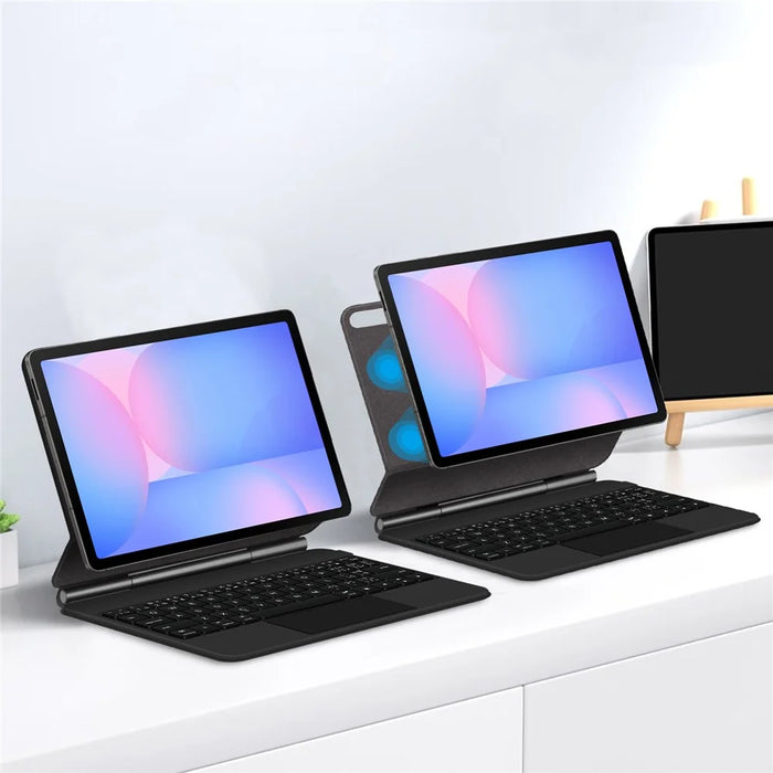 For Samsung Galaxy Tab S10 FE Magnetic Floating Bluetooth-Compatible Keyboard (Portuguese) + Leather Tablet Case - Black - 7