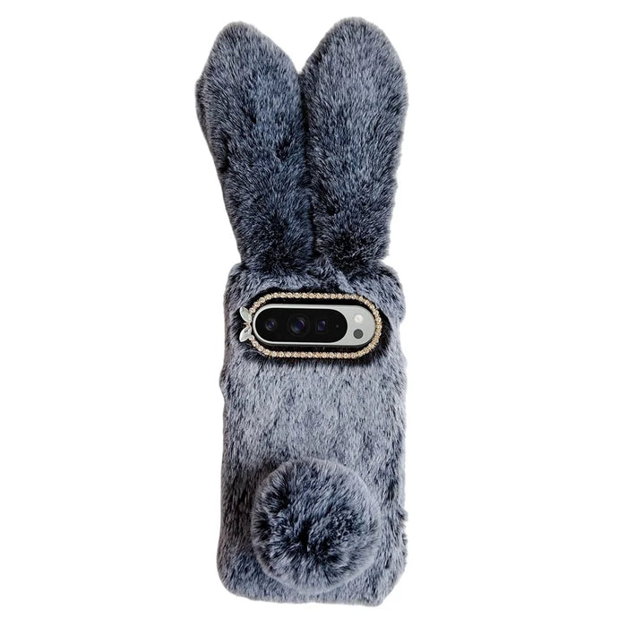 For Google Pixel 10 Pro XL Case Plush Cute Bunny Winter Fluffy TPU Phone Cover - Dark Grey - 1