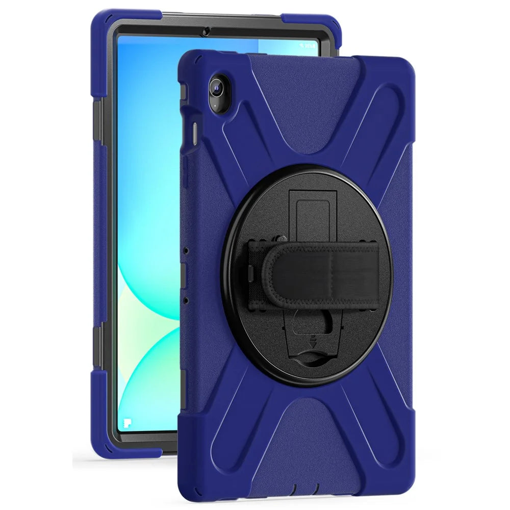 For Samsung Galaxy Tab S10 FE+ SM-X620 /  SM-X626B Case Rotary Kickstand PC+Silicone Hand Strap Tablet Cover - Navy Blue - 1
