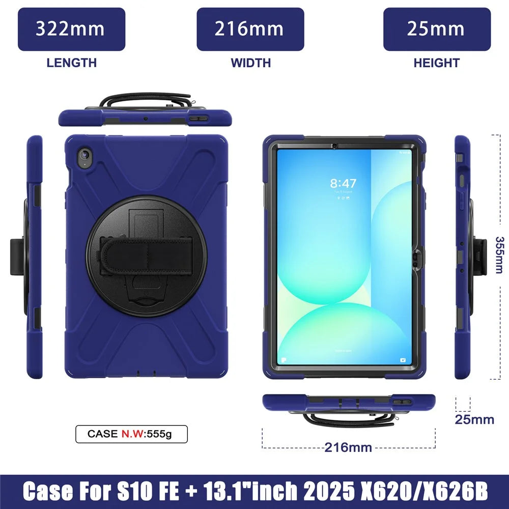 For Samsung Galaxy Tab S10 FE+ SM-X620 /  SM-X626B Case Rotary Kickstand PC+Silicone Hand Strap Tablet Cover - Navy Blue - 3