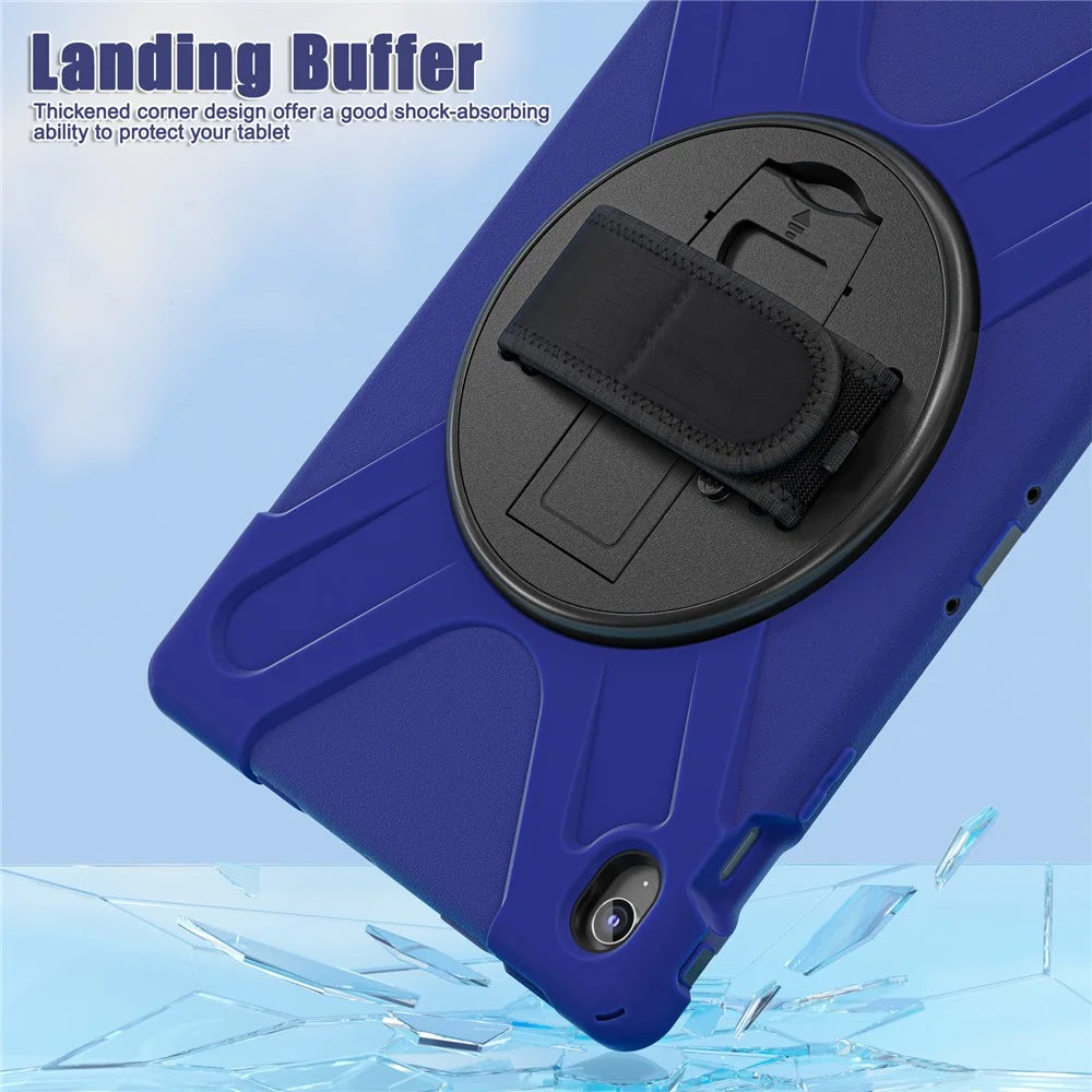 For Samsung Galaxy Tab S10 FE+ SM-X620 /  SM-X626B Case Rotary Kickstand PC+Silicone Hand Strap Tablet Cover - Navy Blue - 4