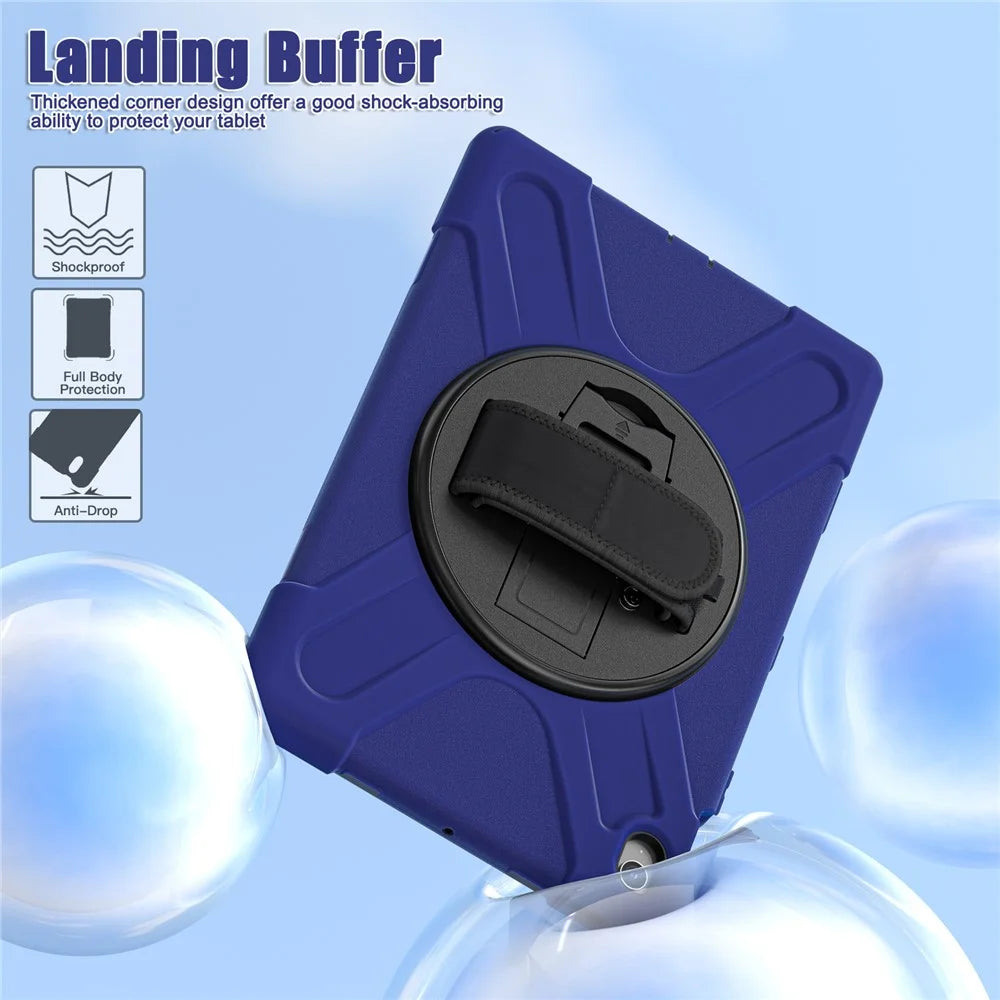 For Samsung Galaxy Tab S10 FE+ SM-X620 /  SM-X626B Case Rotary Kickstand PC+Silicone Hand Strap Tablet Cover - Navy Blue - 5