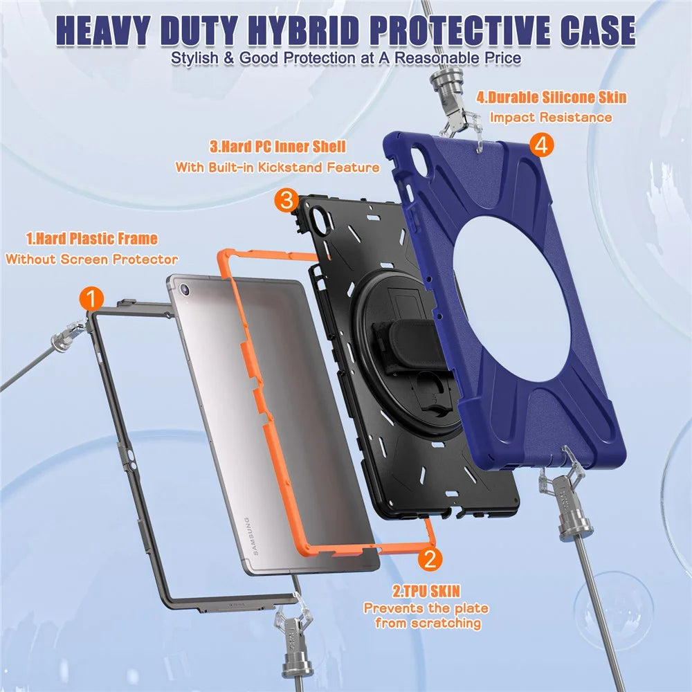For Samsung Galaxy Tab S10 FE+ SM-X620 /  SM-X626B Case Rotary Kickstand PC+Silicone Hand Strap Tablet Cover - Navy Blue - 6
