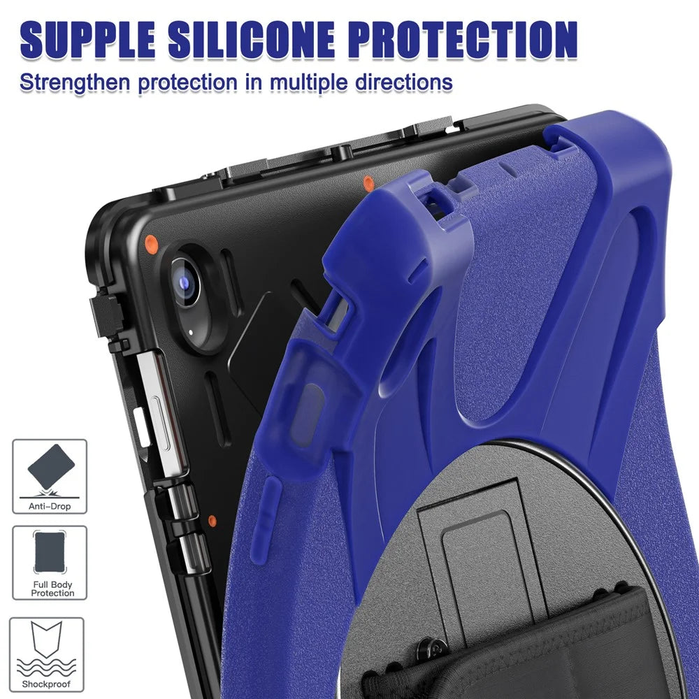 For Samsung Galaxy Tab S10 FE+ SM-X620 /  SM-X626B Case Rotary Kickstand PC+Silicone Hand Strap Tablet Cover - Navy Blue - 7