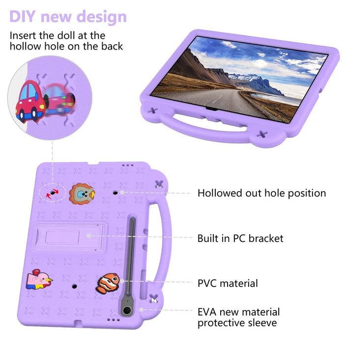 For Samsung Galaxy Tab S10 FE+ Case Kids Cartoon Patterns Hand Grip Kickstand Tablet EVA Cover - Purple - 7