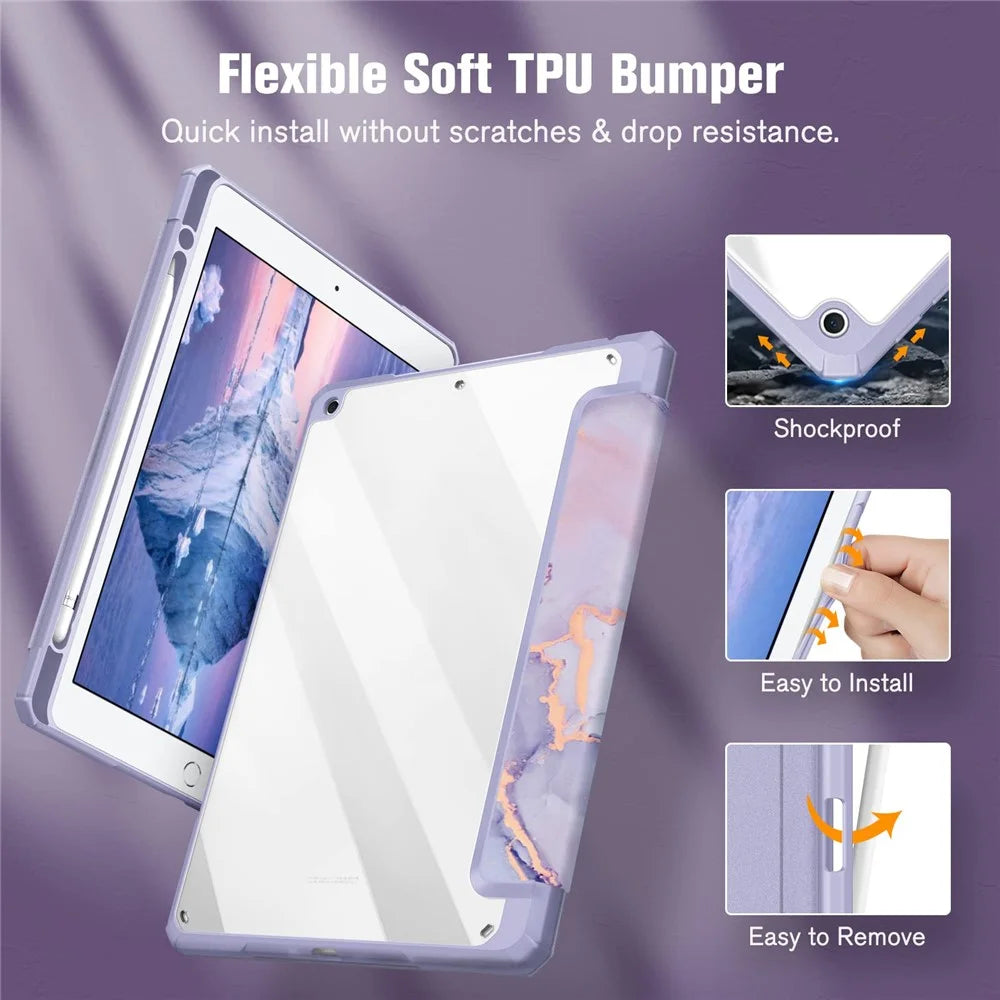 Tablet Case For iPad 10.2 (2021)  /  (2020)  /  (2019)  /  Air 10.5 inch (2019) Stand Pattern Printing Clear Acrylic Leather Cover - Purple Marble - 2