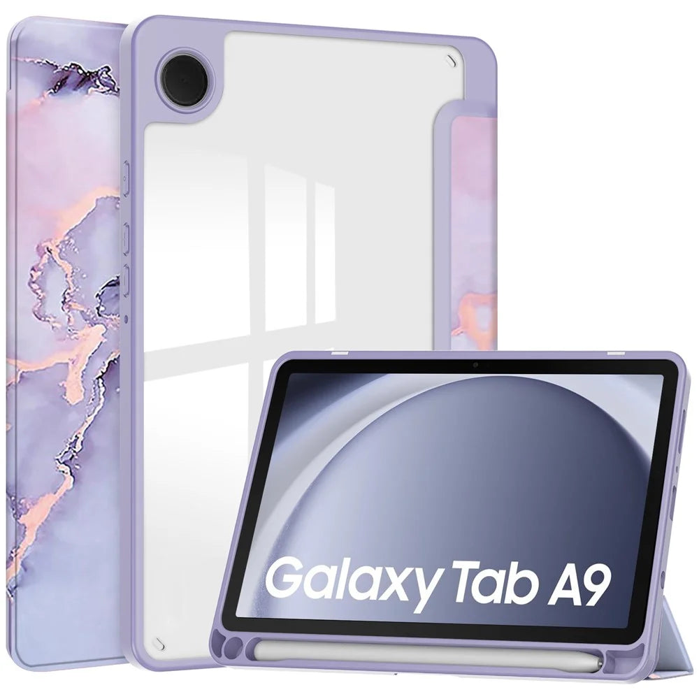 For Samsung Galaxy Tab A9 Tablet Case Tri-Fold Stand Pattern Printing Clear Acrylic Leather Cover - Purple Marble - 1