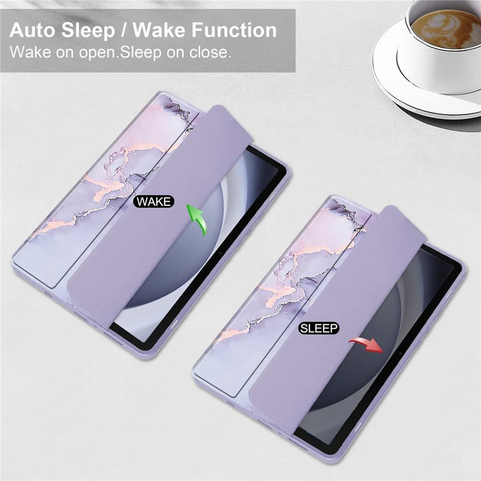 For Samsung Galaxy Tab A9 Tablet Case Tri-Fold Stand Pattern Printing Clear Acrylic Leather Cover - Purple Marble - 2
