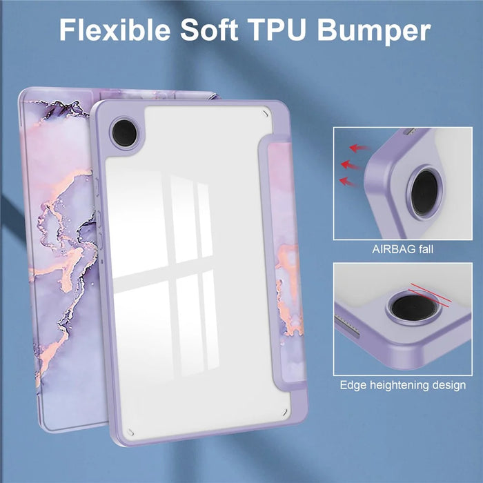 For Samsung Galaxy Tab A9 Tablet Case Tri-Fold Stand Pattern Printing Clear Acrylic Leather Cover - Purple Marble - 5