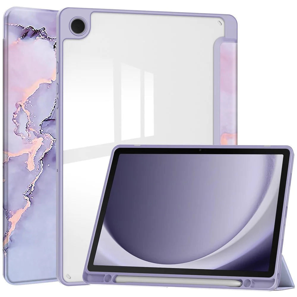 For Samsung Galaxy Tab A9+ Tablet Case Tri-Fold Stand Pattern Printing Clear Acrylic Leather Cover - Purple Marble - 1