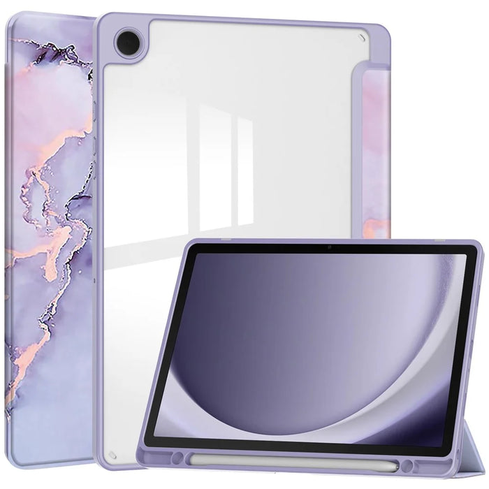 For Samsung Galaxy Tab A9+ Tablet Case Tri-Fold Stand Pattern Printing Clear Acrylic Leather Cover - Purple Marble - 1