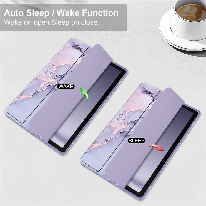 For Samsung Galaxy Tab A9+ Tablet Case Tri-Fold Stand Pattern Printing Clear Acrylic Leather Cover - Purple Marble - 2