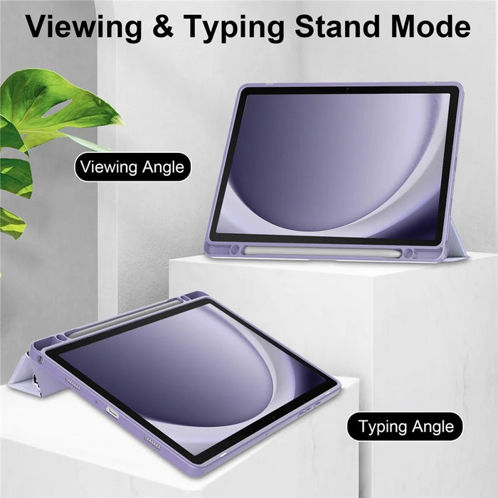For Samsung Galaxy Tab A9+ Tablet Case Tri-Fold Stand Pattern Printing Clear Acrylic Leather Cover - Purple Marble - 3