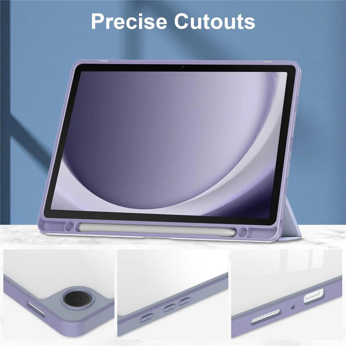 For Samsung Galaxy Tab A9+ Tablet Case Tri-Fold Stand Pattern Printing Clear Acrylic Leather Cover - Purple Marble - 4