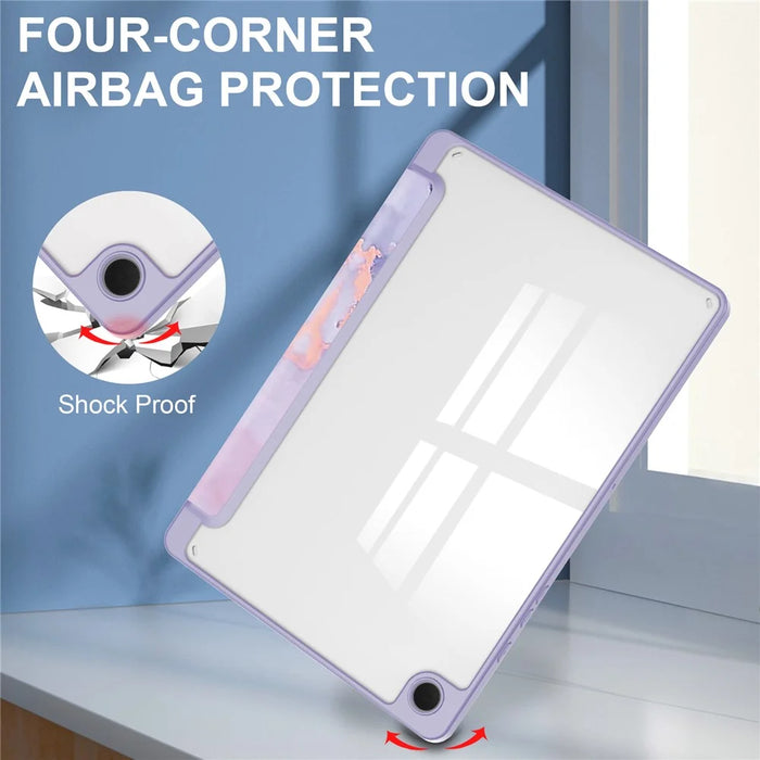 For Samsung Galaxy Tab A9+ Tablet Case Tri-Fold Stand Pattern Printing Clear Acrylic Leather Cover - Purple Marble - 6