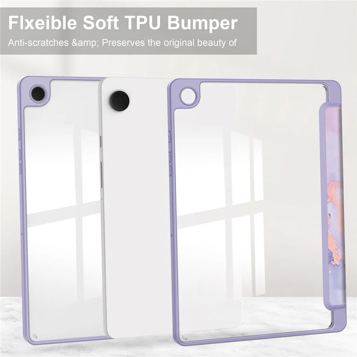 For Samsung Galaxy Tab A9+ Tablet Case Tri-Fold Stand Pattern Printing Clear Acrylic Leather Cover - Purple Marble - 7