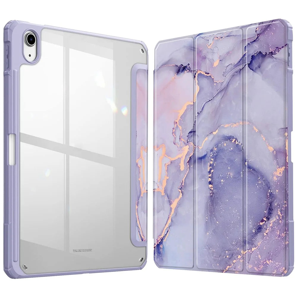 For iPad (2025)  /  10.9 (2022) Tablet Case Tri-Fold Stand Pattern Printing Clear Acrylic Leather Cover - Purple Marble - 1