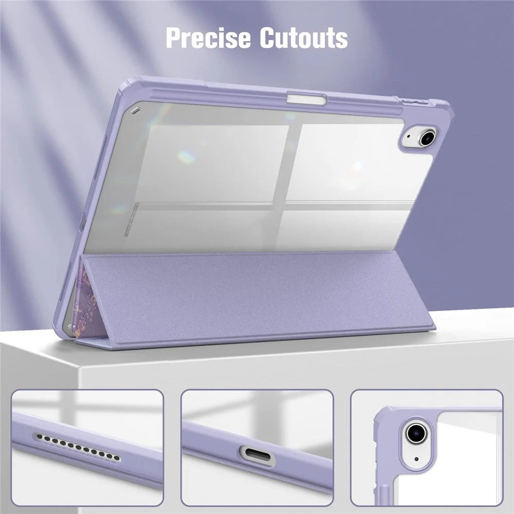 For iPad (2025)  /  10.9 (2022) Tablet Case Tri-Fold Stand Pattern Printing Clear Acrylic Leather Cover - Purple Marble - 5
