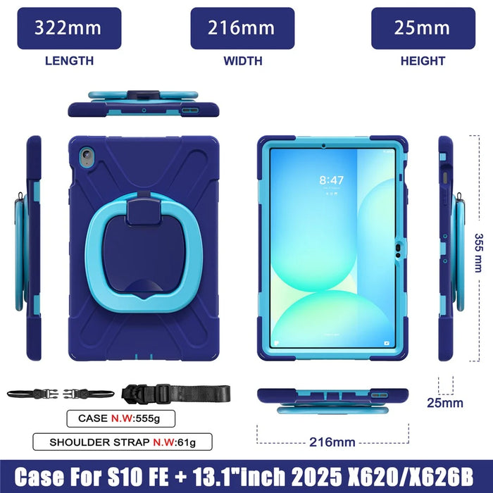 Tablet Case with Shoulder Strap for Samsung Galaxy Tab S10 FE+ SM-X620 / SM-X626B TPU + PC + Silicone Kickstand Cover - Navy Blue - 6