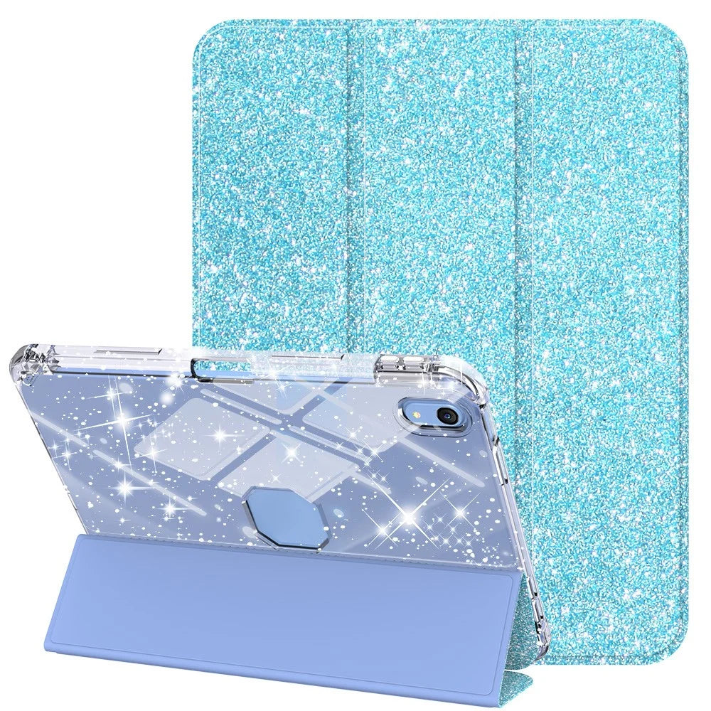 For iPad (2025) / iPad 10.9 (2022) Case with Pencil Slot Tri-Fold Stand Glitter Protective Tablet Cover Support Auto Wake / Sleep - Blue - 1