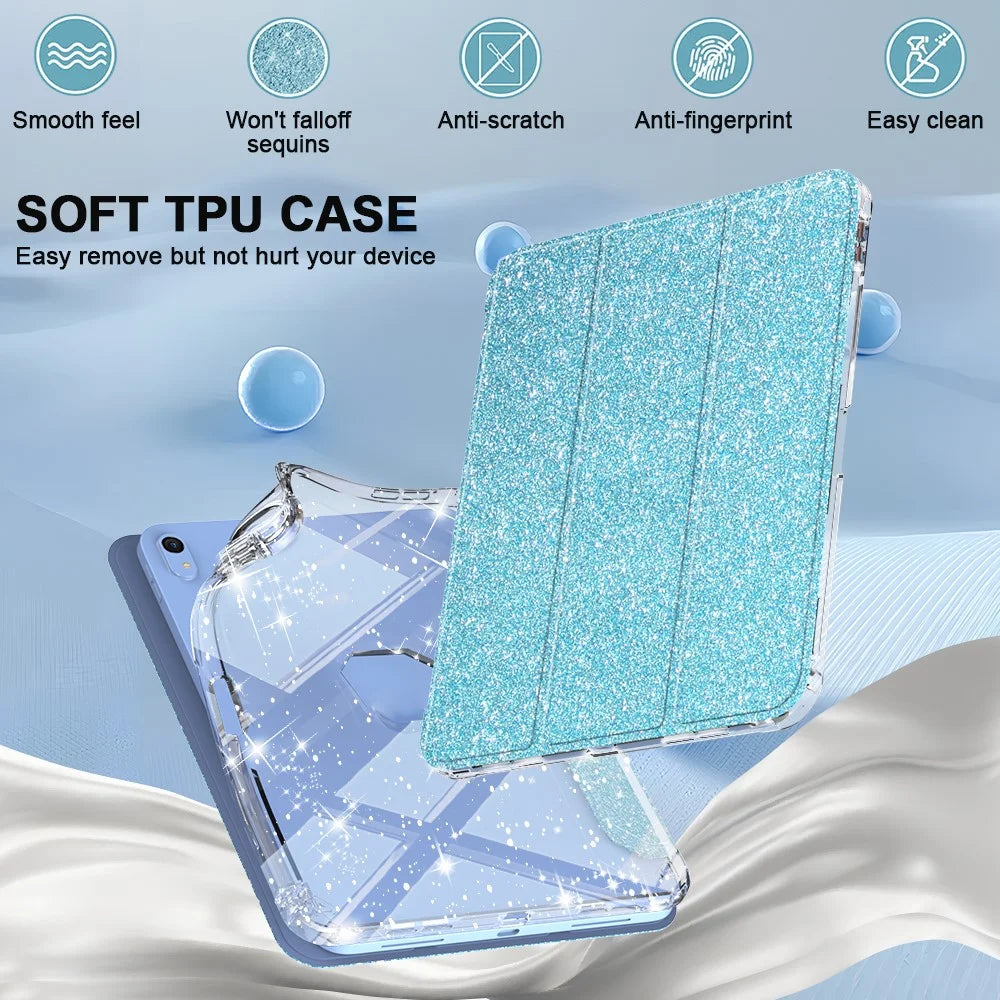 For iPad (2025) / iPad 10.9 (2022) Case with Pencil Slot Tri-Fold Stand Glitter Protective Tablet Cover Support Auto Wake / Sleep - Blue - 2