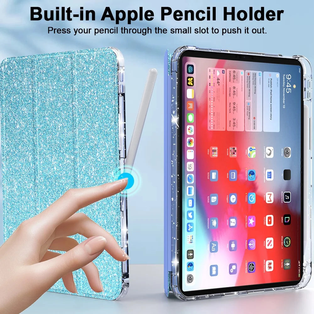 For iPad (2025) / iPad 10.9 (2022) Case with Pencil Slot Tri-Fold Stand Glitter Protective Tablet Cover Support Auto Wake / Sleep - Blue - 4