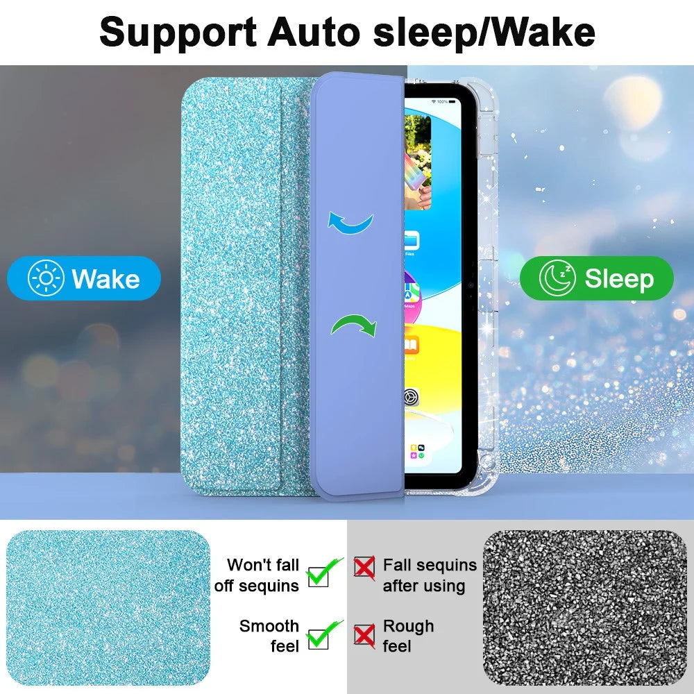 For iPad (2025) / iPad 10.9 (2022) Case with Pencil Slot Tri-Fold Stand Glitter Protective Tablet Cover Support Auto Wake / Sleep - Blue - 5