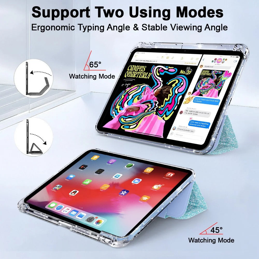For iPad (2025) / iPad 10.9 (2022) Case with Pencil Slot Tri-Fold Stand Glitter Protective Tablet Cover Support Auto Wake / Sleep - Blue - 6