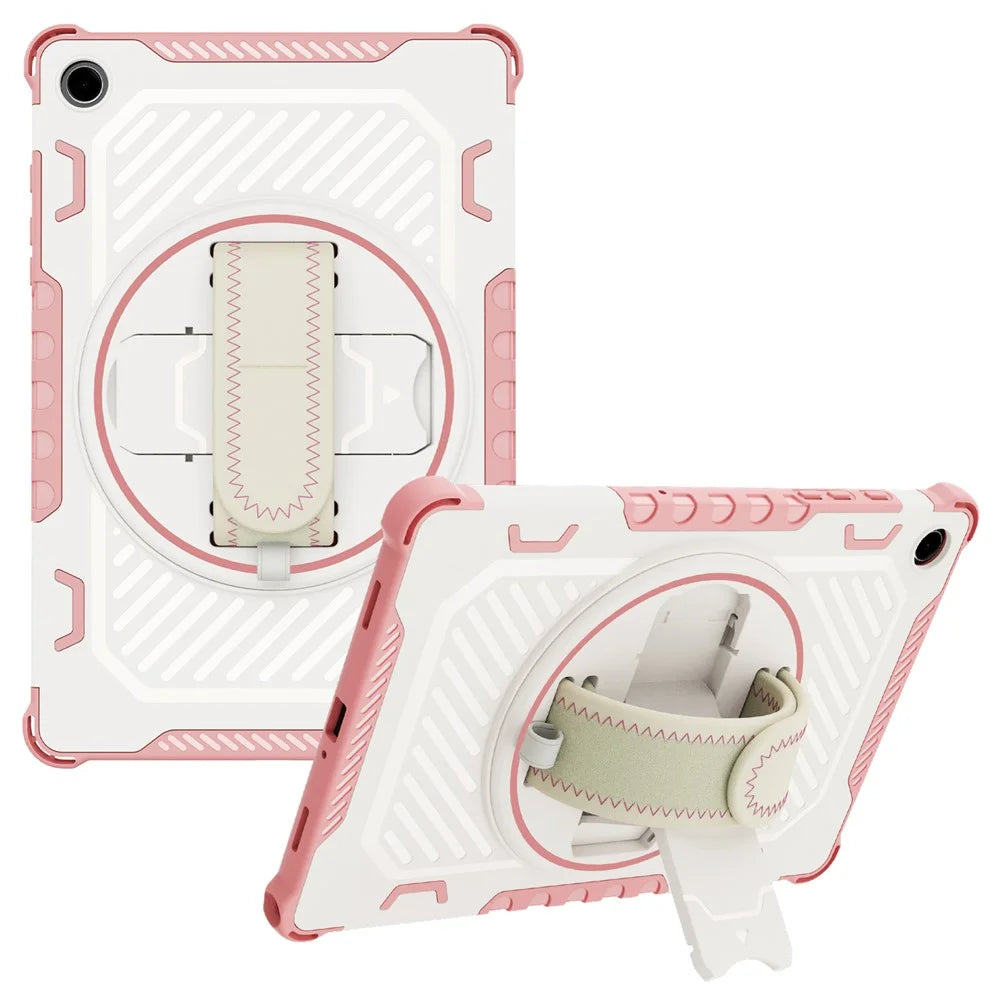For Samsung Galaxy Tab A11+ / A9+ Case Kickstand PC + TPU Shockproof Tablet Cover With Hand Strap - Pink - 1