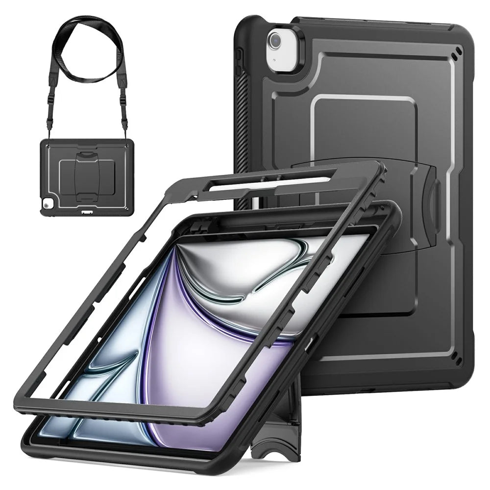 For iPad Air 13 (2026) / (2025) / (2024) Case Hidden Zinc Alloy Kickstand PC + TPE Tablet Cover with Shoulder Strap - Black - 1