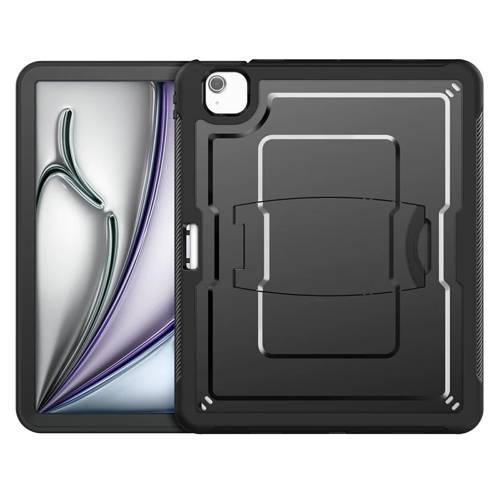 For iPad Air 13 (2026) / (2025) / (2024) Case Hidden Zinc Alloy Kickstand PC + TPE Tablet Cover with Shoulder Strap - Black - 2