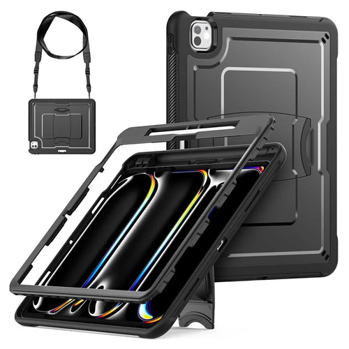 For iPad Pro 13 (2025) / 13 (2024) Case Hidden Zinc Alloy Kickstand PC + TPE Tablet Cover with Shoulder Strap - Black - 1