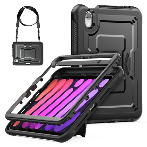 For iPad mini (2024) / (2021) Case Hidden Zinc Alloy Kickstand PC + TPE Tablet Cover with Shoulder Strap - Black - 1