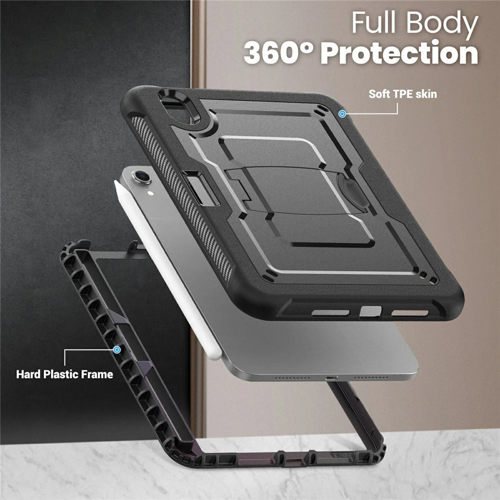 For iPad mini (2024) / (2021) Case Hidden Zinc Alloy Kickstand PC + TPE Tablet Cover with Shoulder Strap - Black - 5