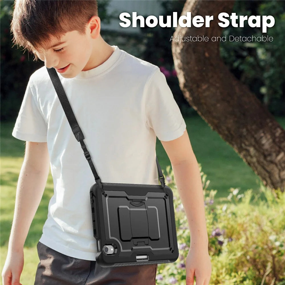 For iPad mini (2024) / (2021) Case Hidden Zinc Alloy Kickstand PC + TPE Tablet Cover with Shoulder Strap - Black - 7