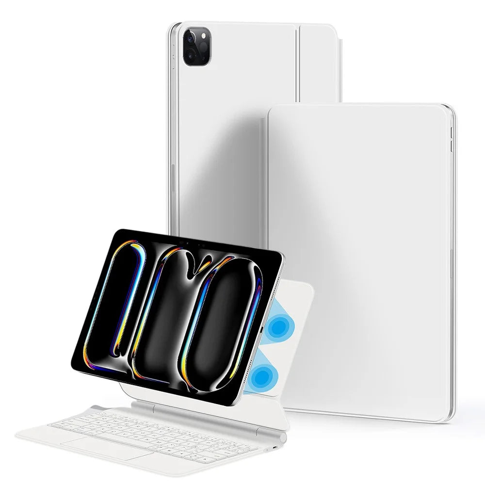 For iPad Pro 11 (2025) / 11 (2024) Magnetic Floating Bluetooth-Compatible Keyboard (Portuguese) + Leather Tablet Case - White - 1