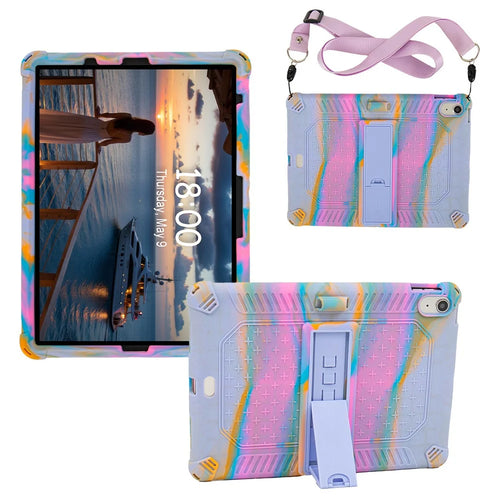 For iPad (2025) / 10.9 (2022) Case PC Kickstand Silicone Tablet Cover with Shoulder Strap - Colorful Purple - 1