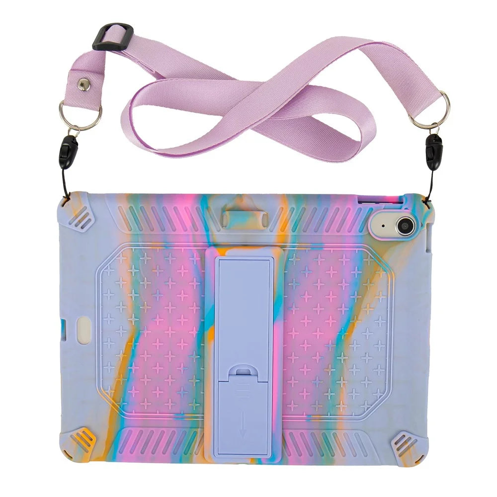 For iPad (2025) / 10.9 (2022) Case PC Kickstand Silicone Tablet Cover with Shoulder Strap - Colorful Purple - 2