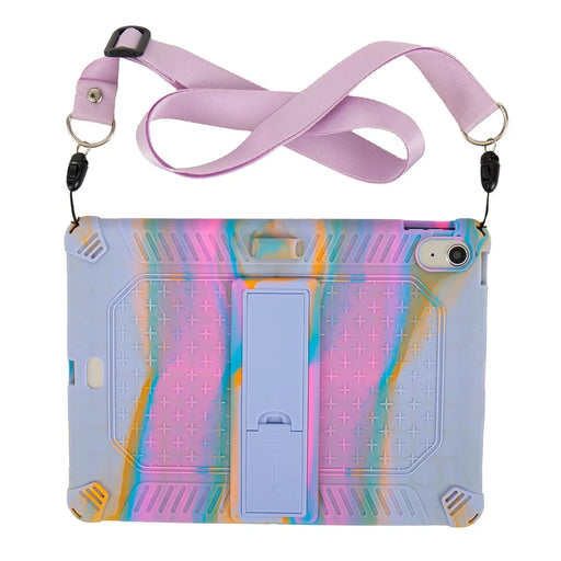 For iPad (2025) / 10.9 (2022) Case PC Kickstand Silicone Tablet Cover with Shoulder Strap - Colorful Purple - 2
