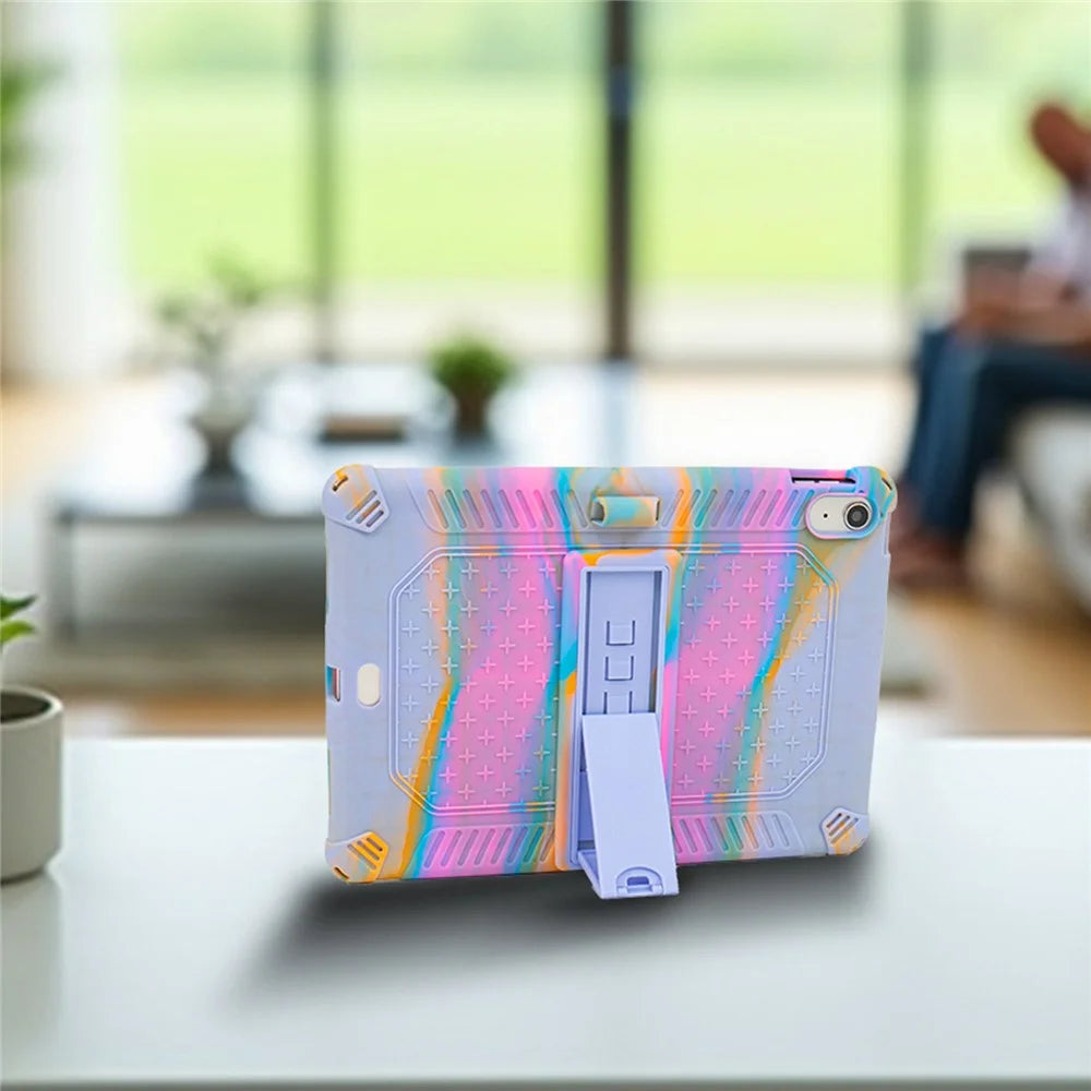 For iPad (2025) / 10.9 (2022) Case PC Kickstand Silicone Tablet Cover with Shoulder Strap - Colorful Purple - 3