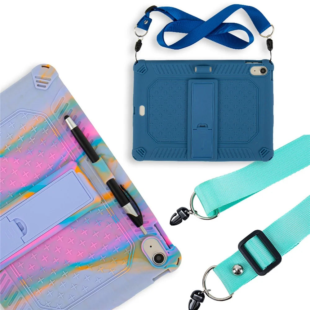 For iPad (2025) / 10.9 (2022) Case PC Kickstand Silicone Tablet Cover with Shoulder Strap - Colorful Purple - 6