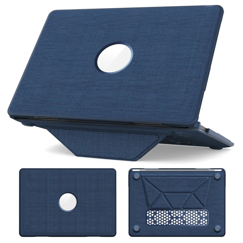 For MacBook Air 13 inch (2020) / (2018) (A2337 M1 A2179 A1932) Laptop Case with Logo View / Kickstand PC TPU Cloth Shockproof Cover - Navy Blue - 1