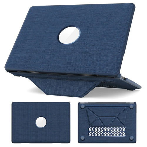 For MacBook Air 13 inch (2020) / (2018) (A2337 M1 A2179 A1932) Laptop Case with Logo View / Kickstand PC TPU Cloth Shockproof Cover - Navy Blue - 1