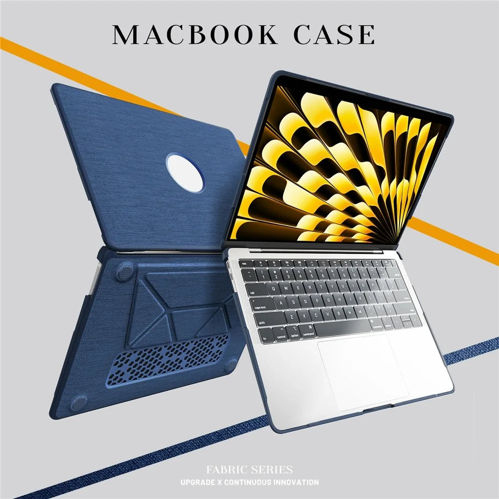 For MacBook Air 13 inch (2020) / (2018) (A2337 M1 A2179 A1932) Laptop Case with Logo View / Kickstand PC TPU Cloth Shockproof Cover - Navy Blue - 4