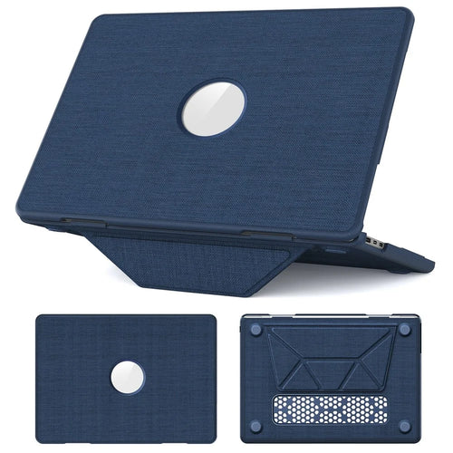 Laptop Case for MacBook Air 13 inch (2026) A3449 / (2025) A3240 / (2024) A3113 / (2022) A2681 PC TPU Cloth Shockproof Cover with Logo View / Kickstand - Navy Blue - 1