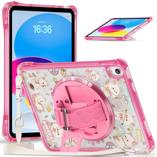 For iPad (2025)  /  10.9 (2022) Case Kickstand Hand Strap Imprint PC TPU Acrylic Cover with Shoulder Strap - Pink - 1