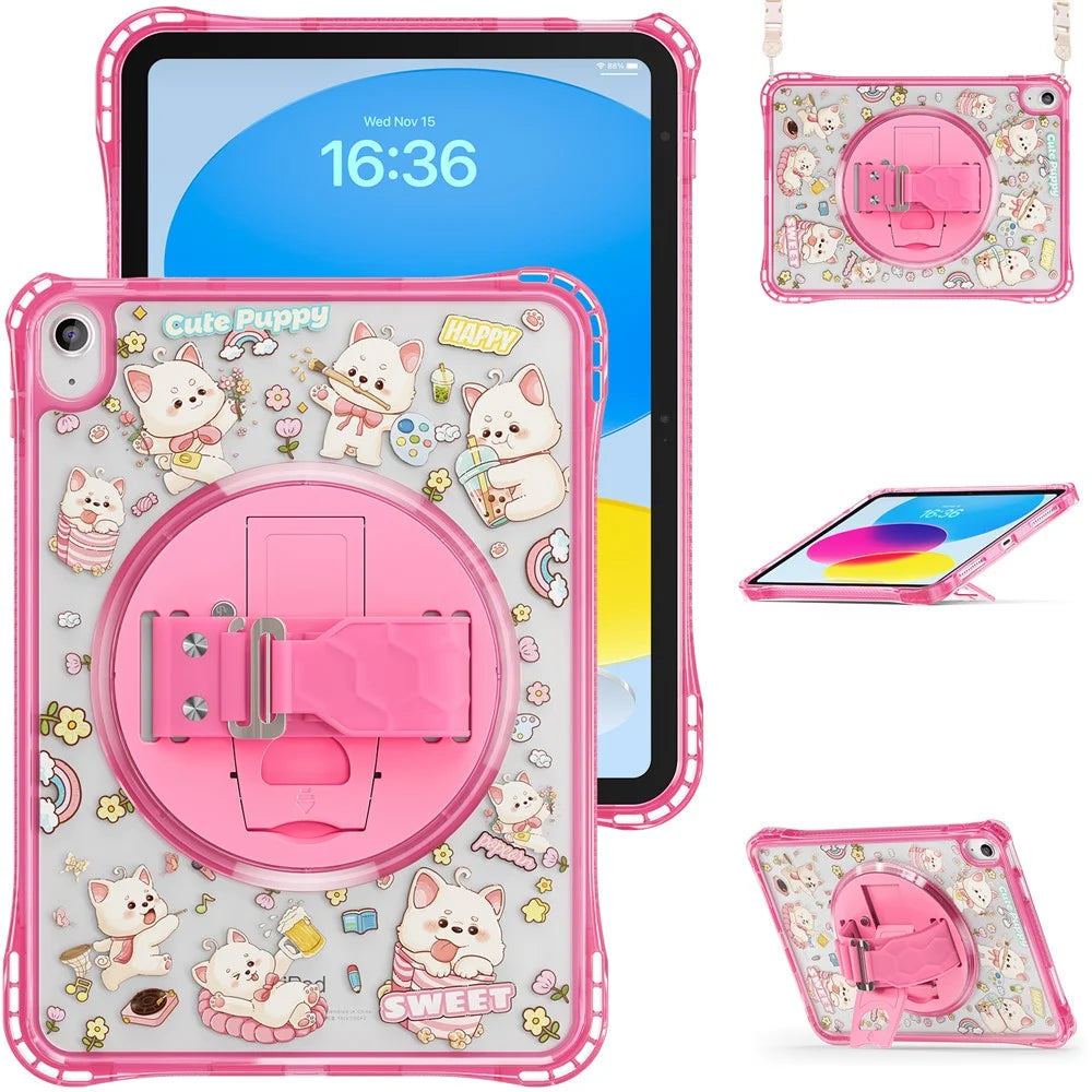 For iPad (2025)  /  10.9 (2022) Case Kickstand Hand Strap Imprint PC TPU Acrylic Cover with Shoulder Strap - Pink - 2