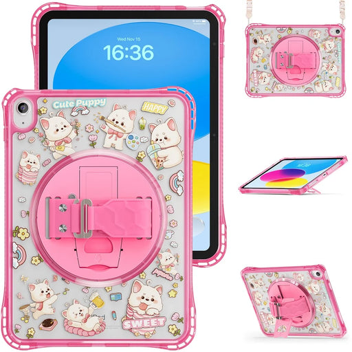 For iPad (2025)  /  10.9 (2022) Case Kickstand Hand Strap Imprint PC TPU Acrylic Cover with Shoulder Strap - Pink - 2